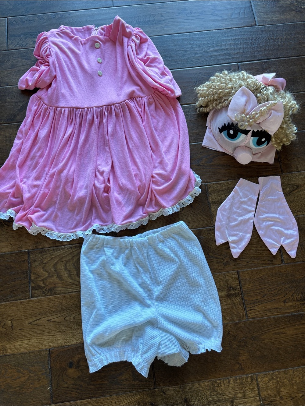 Miss Piggy Kids Costume Dress with White Bloomers, Gloves, Head Piece Handmade